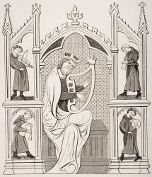King David Playing the Lyre surrounded by Four Musicians, after a miniature in a manuscript psalter, from 'Le Moyen Age et La Renaissance' by Paul Lacroix (1806-84) published 1847 (litho) | Obraz na stenu