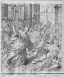 Life of Christ, Jesus chasing the merchants from the Temple, preparatory study of tapestry cartoon for the Church Saint-Merri in Paris, c.1585-90 (pierre noire & wash & white highlights on paper) | Obraz na stenu