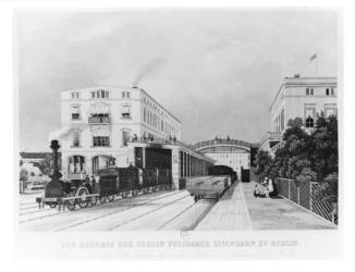 The railway station of the train Berlin-Potsdam (litho) (b/w photo) | Obraz na stenu