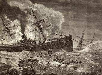Collision and sinking of the Spanish steamer 'Leon' and the English steamer 'Harelda' off Cabo da Roca, Portugal in January 1881, from 'La Ilustracion Espanola y Americana' of 1881 (litho) | Obraz na stenu