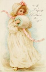 Christmas card depicting a girl with a muff (colour litho) | Obraz na stenu