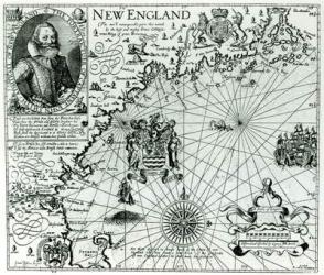 Map of the New England coastline in 1614, engraved by Simon de Passe (1595-1647) 1616 (engraving) (b&w photo) | Obraz na stenu