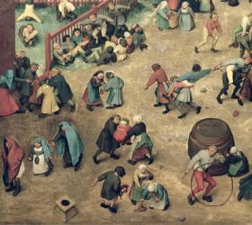Children's Games (Kinderspiele): detail of left-hand section showing children bowling hoops, doing handstands, playing with a hobby-horse and other games, 1560 (oil on panel) (detail of 68945) | Obraz na stenu