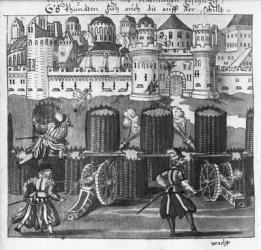 Attack on a Fortified Town, illustration from 'L'Art de l'Artillerie' by Wolff de Senftenberg, late 16th century (pencil & w/c on paper) (b/w photo) | Obraz na stenu