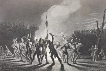 Washington and Fairfax at an Indian war dance, 1748, from 'Gallery of Historical Portraits', published c.1880 (litho) | Obraz na stenu