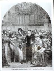 Wycliffe appearing before the Prelates at St. Paul's to answer the charge of heresy in 1377 (engraving) (b&w photo) | Obraz na stenu