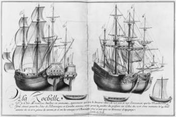 Ships known as 'pinasses', La Rochelle, illustration from 'Desseins des differentes manieres de vaisseaux...depuis Nantes jusqu'a Bayonne...', 1679 (pencil & w/c on paper) (b/w photo) | Obraz na stenu