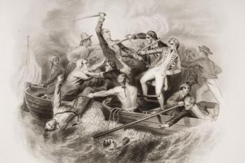 Desperate Encounter in gun-boats between Nelson and Don Miguel Tyrason, illustration from 'England's Battles by Sea and Land' by Lieut. Col. Williams, engraved by G. Greatbach (engraving) | Obraz na stenu