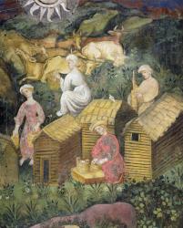 Mountain pastures. Milking the cows and cheese making (fresco) | Obraz na stenu