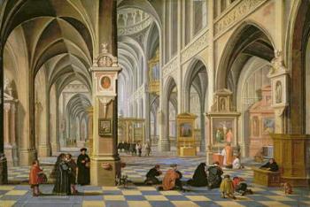 Church interior, with people at prayer in the foreground and a small procession in the main aisle | Obraz na stenu