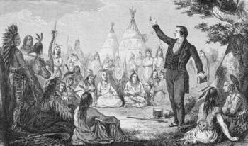 Joseph Smith, Founder of the Mormon Church, Preaching to Indians, from 'La Vuelta al Mundo', published in Madrid, 1865 (engraving) | Obraz na stenu