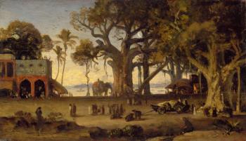 Moonlit Scene of Indian Figures and Elephants among Banyan Trees, Upper India (probably Lucknow) (oil on Indian hardwood panel) | Obraz na stenu