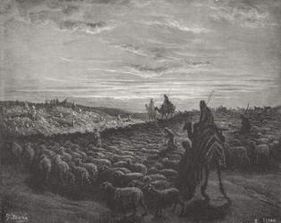 Abraham Journeying Into the Land of Canaan, Genesis 13:1-4, illustration from Dore's 'The Holy Bible', engraved by Pisan, 1866 (engraving) | Obraz na stenu