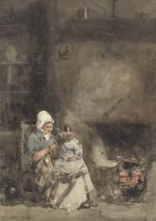 A Woman and Child by a Hearth, 1842 (w/c over graphite on paper) | Obraz na stenu