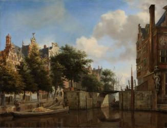 Amsterdam City View with Houses on the Herengracht and the old Haarlemmersluis, c.1670 (oil on panel) | Obraz na stenu
