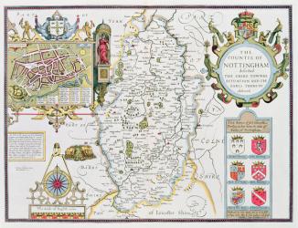 The Countie of Nottingham, engraved by Jodocus Hondius (1563-1612) from John Speed's 'Theatre of the Empire of Great Britain', pub. by John Sudbury and George Humble, 1611-12 (hand coloured copper engraving) | Obraz na stenu