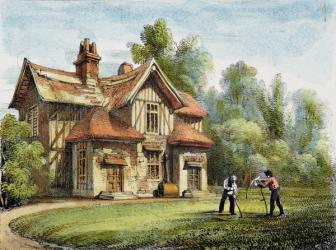 Queen's Cottage, Richmond Gardens, plate 17 from 'Kew Gardens: A Series of Twenty-Four Drawings on Stone', engraved by Charles Hullmandel (1789-1850) published 1820 (hand-coloured litho) | Obraz na stenu