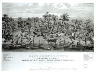 Sacramento City, California, from the Foot of J. Street showing I. J. and K. Streets with the Sierra Nevada in the Distance, engraved by William Endicott & Co., 1849 (litho) (b&w photo) | Obraz na stenu