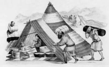 Ainu traders on the Japanese island of Jezo, 1838 (engraving) | Obraz na stenu
