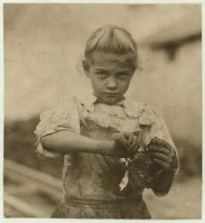 Rosie, aged 7, illiterate, working for a second year as an oyster shucker at Varn & Platt Canning Company, Bluffton, South Carolina, 1913 (b/w photo) | Obraz na stenu
