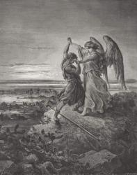 Jacob Wrestling with the Angel, Genesis 32:24-32, illustration from Dore's 'The Holy Bible', engraved by Laplante, 1866 (engraving) | Obraz na stenu