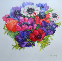 Anemones: red, white, pink and purple, 2000,(watercolour) | Obraz na stenu