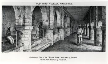 Old Fort William, Calcutta, with a Conjectural View of the 'Black Hole', with Part of the Barrack, as seen from the Interior of the Verandah (litho) (b&w photo) | Obraz na stenu