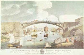 West view of the cast iron bridge built by Rowland Burdon Esq., MP, over the River Wear at Sunderland, c.1796 (hand coloured engraving) | Obraz na stenu