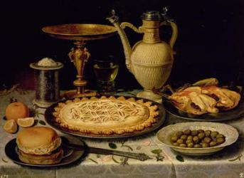 Still life with a tart, roast chicken, bread, rice and olives (oil on panel) | Obraz na stenu