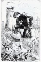Gulliver kneels before the Lilliputians after stealing the Blefuscudian fleet, illustration from 'Gulliver's Travels' by Jonathan Swift, 1864 (engraving) | Obraz na stenu