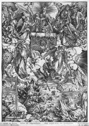Scene from the Apocalypse, The Opening of the Seventh Seal, The Seven Angels with the trumpets, Latin edition, 1511 (woodcut) (b/w photo) | Obraz na stenu