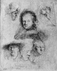 Six heads with Saskia van Uylenburgh (1612-42) in the centre, 1636 (etching) (b/w photo) | Obraz na stenu
