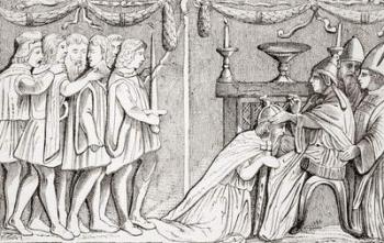 Crowning of Sigismund as Holy Roman Emperor by Pope Eugene IV in 1433, from L'Histoire Universelle Ancienne et Moderne, published in Strasbourg c.1860 (engraving) | Obraz na stenu
