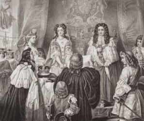 The crown offered to William and Mary by the Lords and Commons at Whitehall, February 12, 1689, from `Illustrations of English and Scottish History' Volume II (engraving) | Obraz na stenu