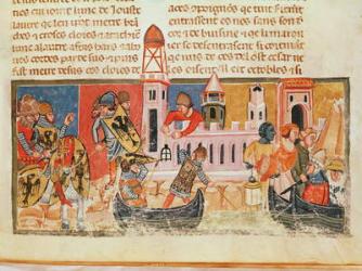 Battle at the walls of a city, from 'Le Vite di Dodici Cesari' by Gaius Suetonius Tranquillus (c.75-150) (vellum) | Obraz na stenu