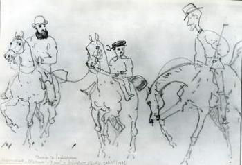 Three Horsemen: Henri de Toulouse-Lautrec (1864-1901) between his Father, Count Alphonse, and the Artist (pencil on paper) (b/w photo) | Obraz na stenu
