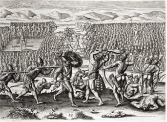 Outina defeats Patanou with the aid of the French, Florida, 1564, from 'Brevis Narratio' engraved by Theodore de Bry (1528-98) 1591 (engraving) (see also 223425 & 173458) | Obraz na stenu