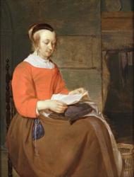 A young woman seated in an interior, reading a letter (oil on panel) | Obraz na stenu