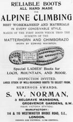 Advertisement for S. W. Norman Alpine Climbing Boots, illustration from 'Whymper's Guides Advertiser', 1911 (letterpress and engraving) | Obraz na stenu