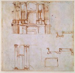 Studies for a monumental wall tomb (for the tombs of Clement VII and Leo X projected for the choir of San Lorenzo, Florence?) 1525-26 (pen & brown in on paper) (recto) (for verso see 191780) | Obraz na stenu