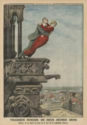 Tragic suicide of two young people from the tower of the cathedral in Antwerp, back cover illustration from 'Le Petit Journal', supplement illustre, 11th May 1913 (colour litho) | Obraz na stenu