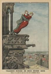 Tragic suicide of two young people from the tower of the cathedral in Antwerp, back cover illustration from 'Le Petit Journal', supplement illustre, 11th May 1913 (colour litho) | Obraz na stenu