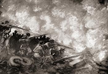 Night attack on United States marines at The Battle of Guantánamo Bay, Cuba June 6-10, 1898, during the SpanishAmerican War. From The History of Our Country, published 1900 | Obraz na stenu