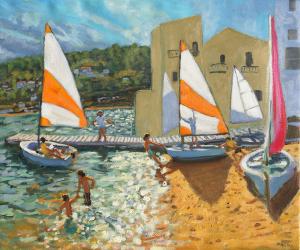 Launching boats,Calella de Palafrugell,Spain,(oil on canvas) | Obraz na stenu