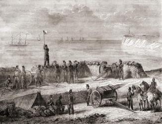 Communication between a ship entering port and the landed troops using the flag semaphore telegraphy system, from Les Merveilles de la Science, published c.1870 (engraving) | Obraz na stenu