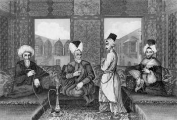 Ottoman Dignitaries, originally from 'Voyage to Mount Libanus' by Dandini, c.1680, illustrated in 'General Collection of the Best and Most Interesting Voyages and Travels in all Parts of the World' by John Pinkerton, published 1808-14 (engraving) (b/w pho | Obraz na stenu