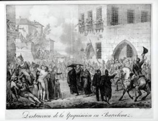 Destruction of the Inquisition in Barcelona, 10th March 1820, engraved by Godefroy Engelmann (1788-1839) (engraving) (b/w photo) | Obraz na stenu