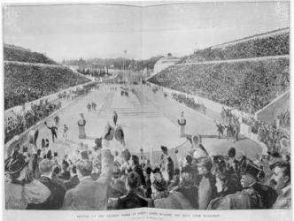 Revival of the Olympic Games in Athens: Loues winning the race from Marathon, 10th April 1896 (engraving) (b/w photo) | Obraz na stenu
