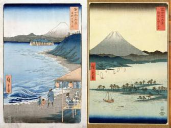 Mountains and coastline, two views from '36 Views of Mount Fuji', pub. by Kosheihei, 1853, (colour woodblock print) | Obraz na stenu