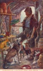 Robinson Crusoe and his pets. From Adventures of Robinson Crusoe, published 1908. | Obraz na stenu